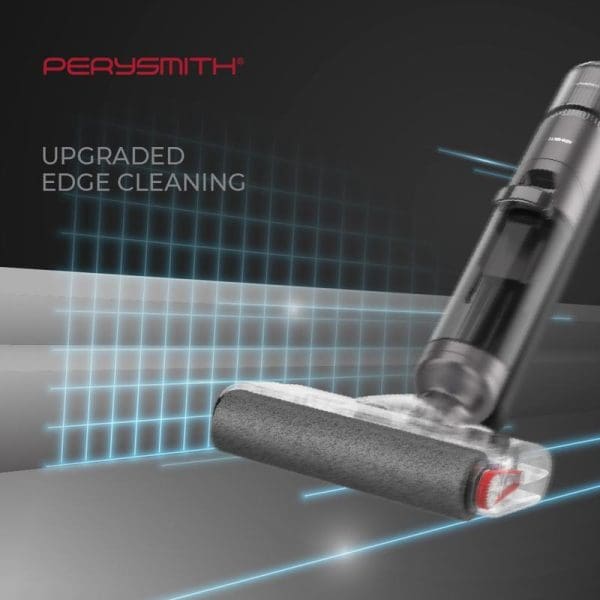 PerySmith Ai9 Pro cordless wet and dry vacuum cleaner with upgraded edge cleaning technology, showing the cleaning head on a tiled surface with blue grid lighting effects.