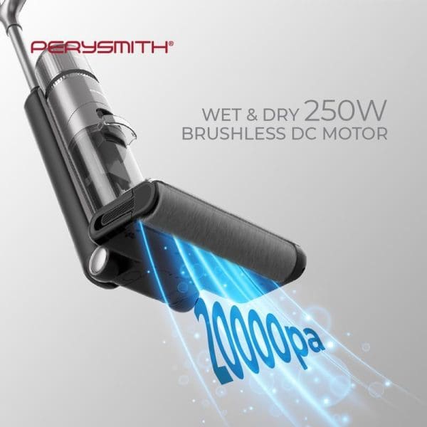 PerySmith cordless wet and dry vacuum cleaner with 250W brushless DC motor showing blue suction power visualization and 20000pa suction strength.