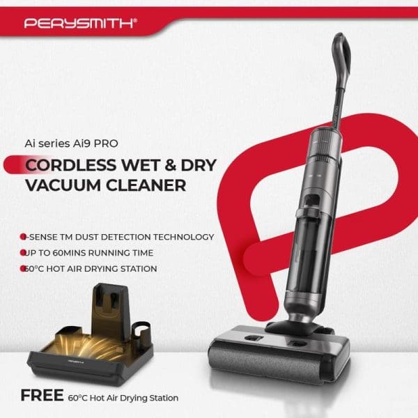 PerySmith Ai9 Pro cordless wet and dry vacuum cleaner with charging station, featuring sense dust detection technology and 60-minute runtime.