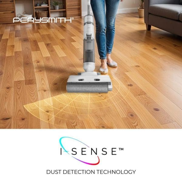 PerySmith cordless wet and dry vacuum cleaner on hardwood floor with iSense dust detection technology, showing yellow sensor pattern beneath cleaning head.