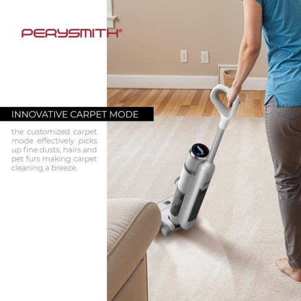 PerySmith Smart Cordless Wet & Dry Vacuum Cleaner being used on carpet, featuring innovative carpet mode for effective cleaning of dust, hair and pet fur.