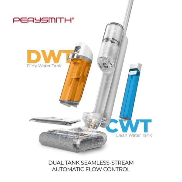PerySmith cordless vacuum cleaner with dual tank system showing orange dirty water tank (DWT) and blue clean water tank (CWT) with automatic flow control