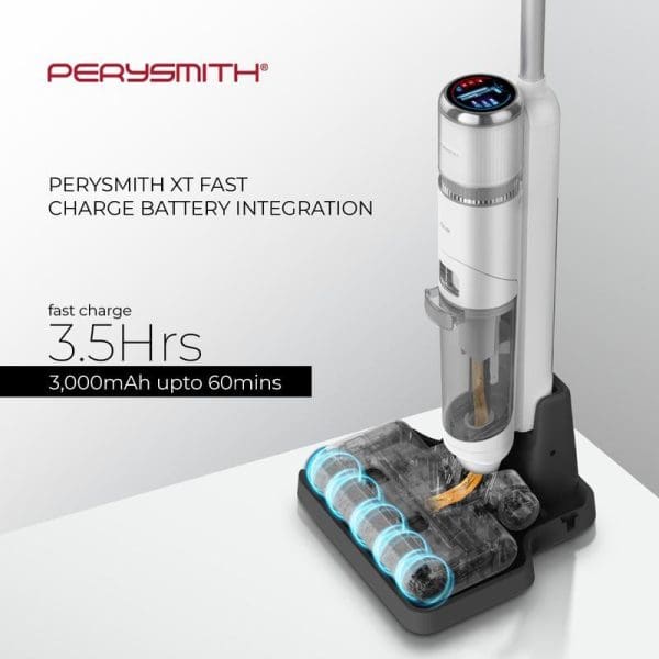 PerySmith XT Fast Charge cordless vacuum cleaner with 3.5 hour fast charging, 3000mAh battery, 60-minute runtime, featuring transparent dust container and charging dock.
