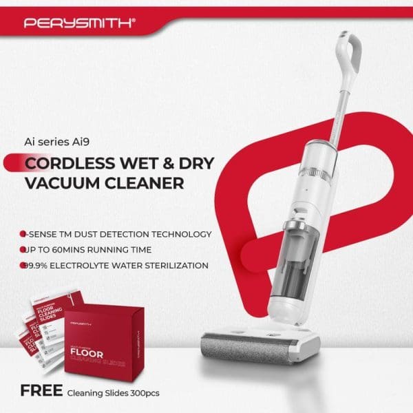 PerySmith Ai9 cordless wet and dry vacuum cleaner with smart dust detection, 60-minute runtime, water sterilization, includes free cleaning slides package.