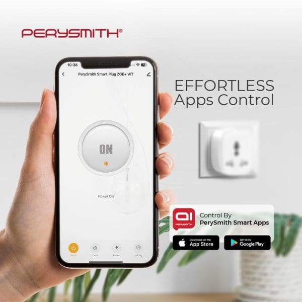 PerySmith Smart Plug Zoe+ WT smartphone app control interface showing power on/off button with wall outlet and mobile device in hand