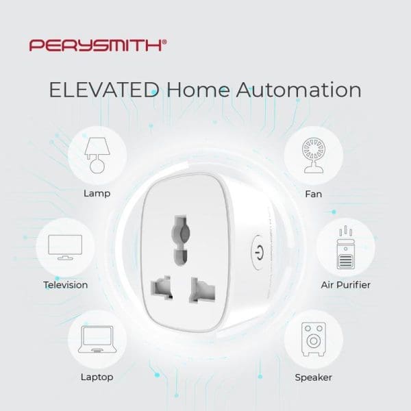 PerySmith smart plug with home automation capabilities, showing connected devices including lamp, fan, television, air purifier, laptop, and speaker in wireless connectivity diagram.