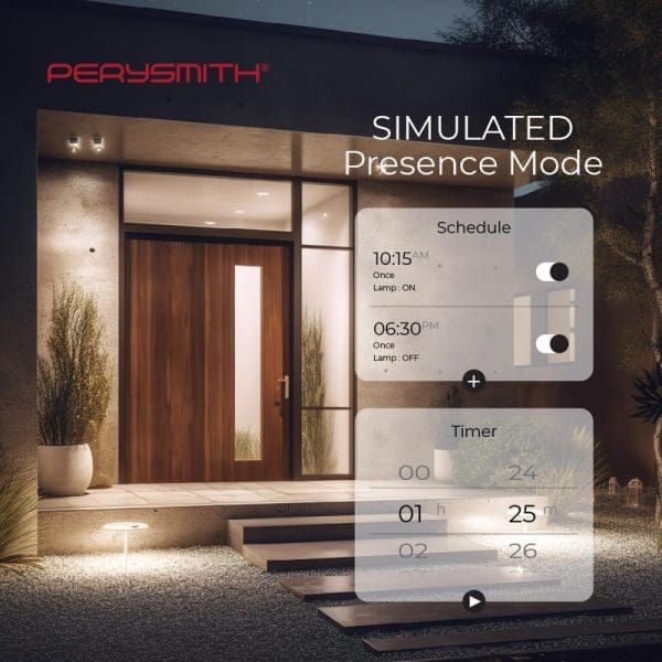 PerySmith Smart Plug app interface showing Simulated Presence Mode with schedule and timer controls for automated lighting, displayed over modern home entrance at night.