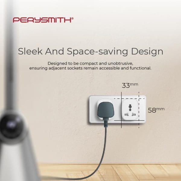 PerySmith Smart Plug Zoe+ in white wall outlet showing compact 33mm x 58mm dimensions, designed for space-saving functionality while keeping adjacent sockets accessible.