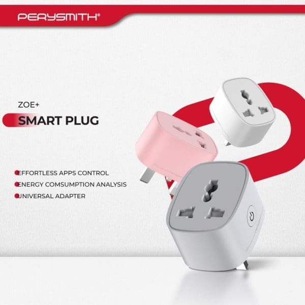 PerySmith Zoe+ Smart Plug in white, pink, and gray colors featuring effortless app control, energy consumption analysis, and universal adapter functionality.