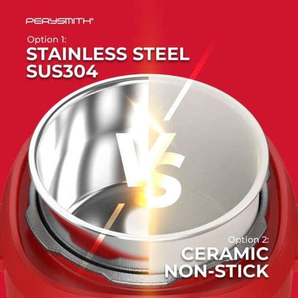 PerySmith Smart Pressure Cooker PC1500 EasyCooking Series showing two bowl options: stainless steel SUS304 and ceramic non-stick, displayed on red background.