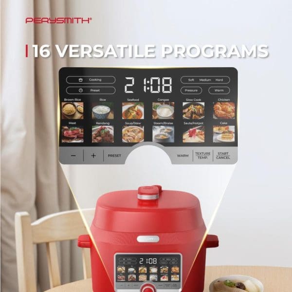 PerySmith Smart Pressure Cooker EasyCooking Series PC1500 in red with digital display showing 16 versatile cooking programs including rice, meat, seafood, and cake options.