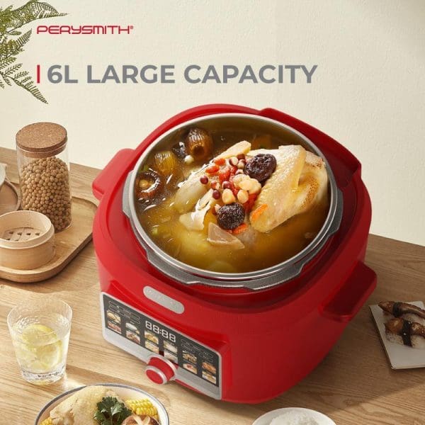 PerySmith Smart Pressure Cooker EasyCooking Series PC1500 in red with 6L capacity, displaying cooked soup with ingredients on wooden table setting.