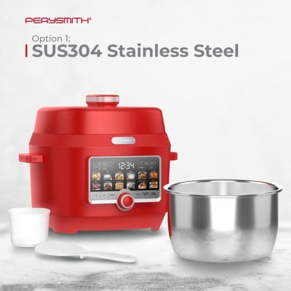 PerySmith PC1500 red smart pressure cooker with digital display, SUS304 stainless steel inner pot, measuring cup, and serving spoon on white background.