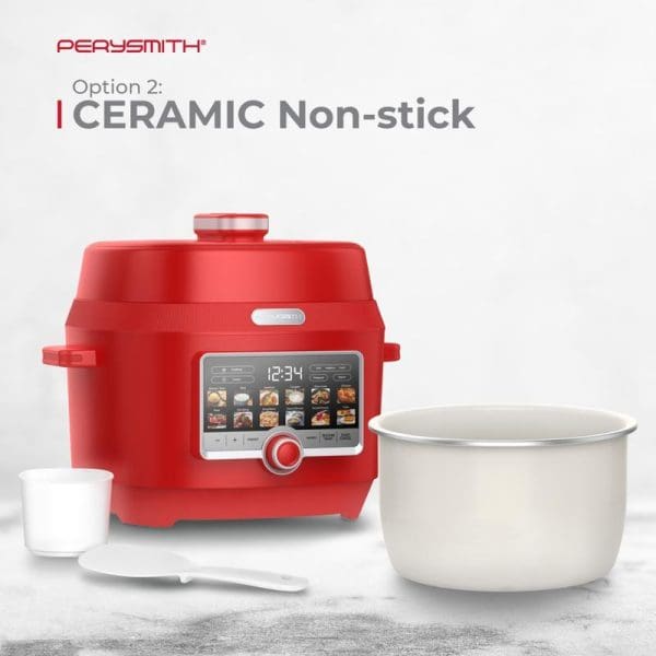 PerySmith Smart Pressure Cooker EasyCooking Series PC1500 in red with digital display, ceramic non-stick inner pot, measuring cup and serving spoon included.