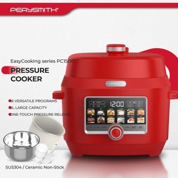 PerySmith EasyCooking PC1500 red pressure cooker with digital display, 6 versatile programs, 6L capacity, one-touch pressure release, and SUS304 ceramic non-stick inner pot.