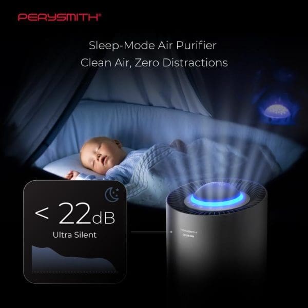 PerySmith Ai13 Pro Smart WiFi Air Purifier with blue LED light, ultra-silent 22dB operation, sleep mode for baby's bedroom with zero distractions.