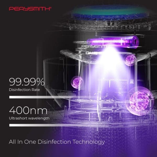 PerySmith Smart WIFI Air Purifier Ai13 Pro with 99.99% disinfection rate using 400nm ultrashort wavelength UV light technology for comprehensive air purification.