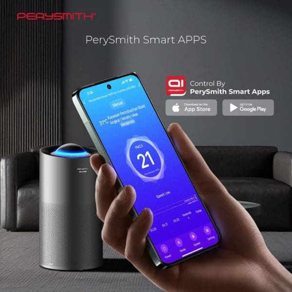PerySmith Smart WiFi Air Purifier Ai13 Pro with mobile app control showing PM2.5 reading of 21, available on App Store and Google Play.