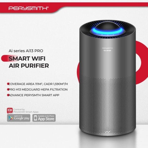 PerySmith Ai13 Pro Smart WiFi Air Purifier with blue LED light, cylindrical gray design, HEPA filtration, 111m² coverage, controlled via smartphone app