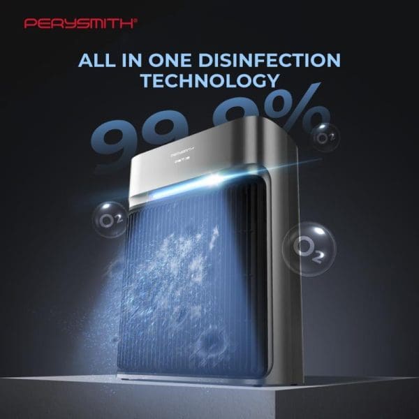 PerySmith Smart WiFi Air Purifier AI Series PET13 with blue LED display showing 99.9% all-in-one disinfection technology and floating oxygen molecules around device.