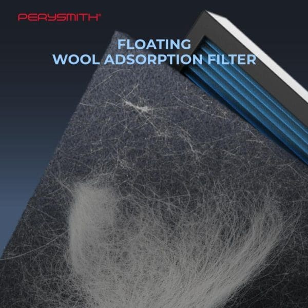 PerySmith Smart WiFi Air Purifier showing floating wool adsorption filter layer with fibrous material and blue accent lines on dark background.
