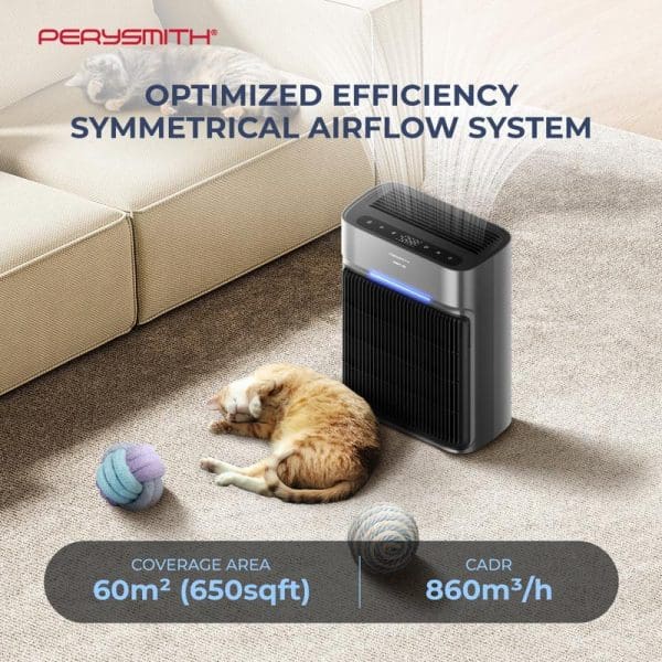 PerySmith Smart WiFi Air Purifier with symmetrical airflow system, showing coverage area of 60m² and CADR 860m³/h, placed in living room with sleeping cat nearby.