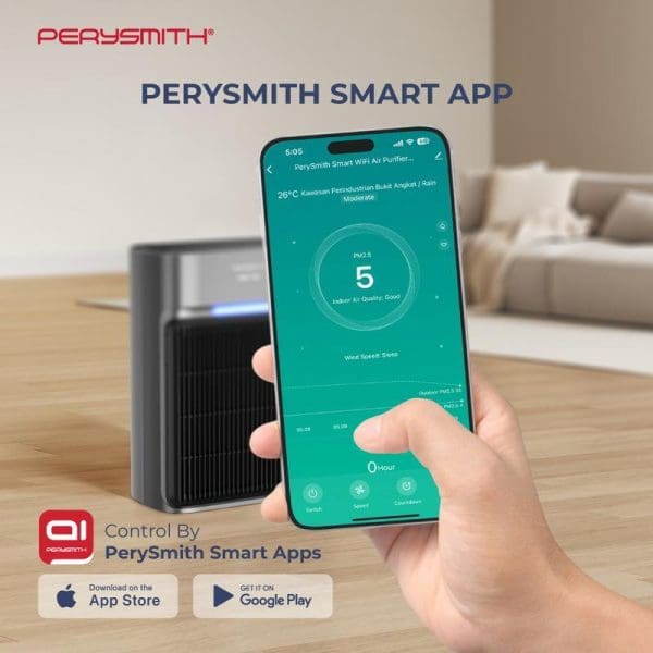 PerySmith Smart WiFi Air Purifier with mobile app control showing air quality monitoring, temperature display, and remote operation features on smartphone screen.