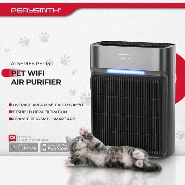 PerySmith AI Series PET13 WiFi Air Purifier with HEPA filtration, 60m² coverage, smart app control, featuring a kitten lying beside the black tower unit.