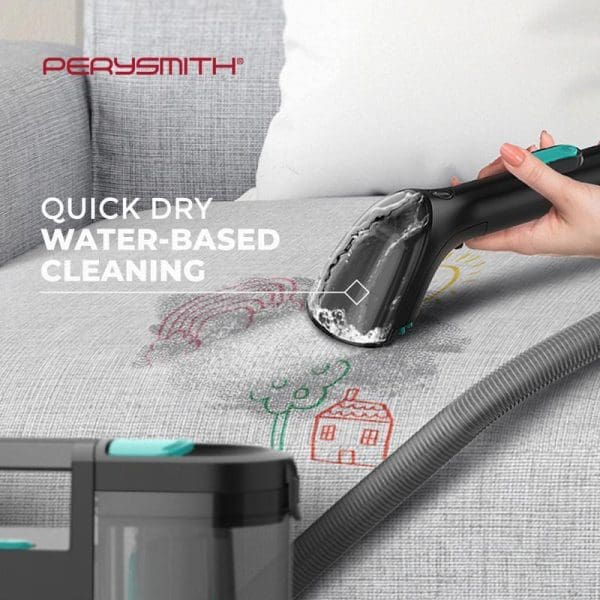 PerySmith Spot Cleaner removing colorful crayon drawings from gray upholstered furniture, demonstrating quick dry water-based cleaning with handheld vacuum attachment.