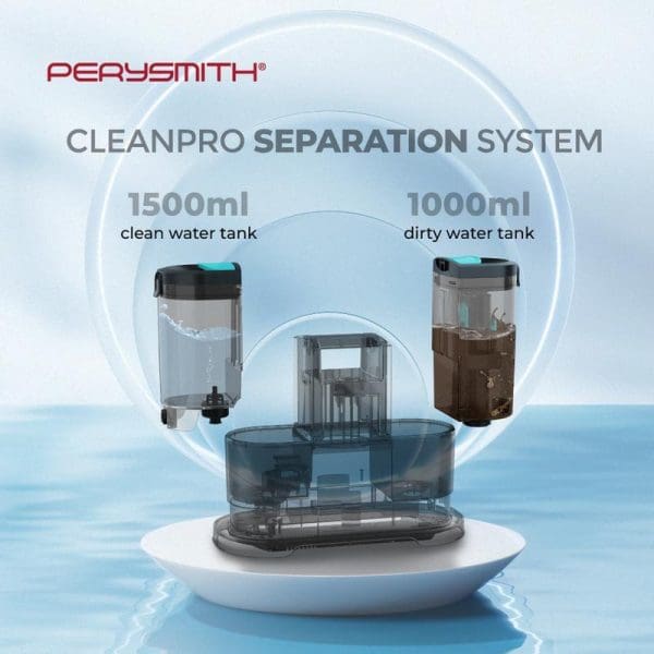 PerySmith Cleanpro Separation System with 1500ml clean water tank and 1000ml dirty water tank components displayed on blue water background.