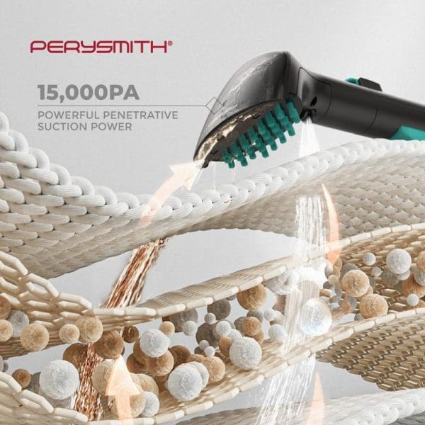 PerySmith Spot Cleaner Cleanpro Series M2 Vacuum with 15,000PA suction power cleaning fabric surface, showing penetrative cleaning action removing dirt and debris particles.