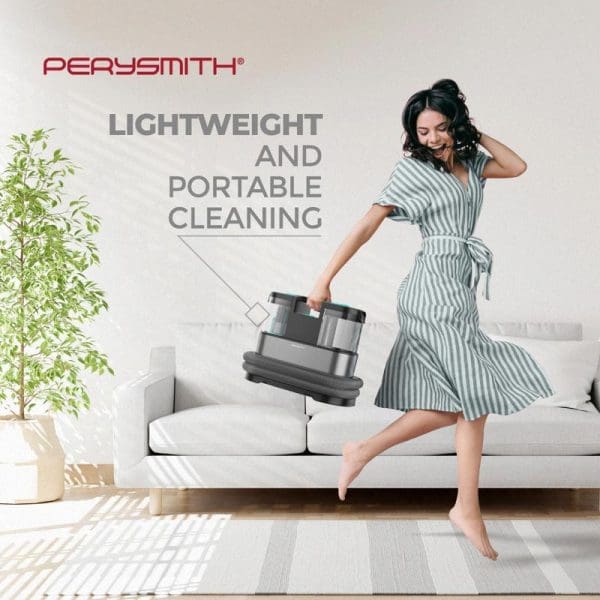 Woman in striped dress using PerySmith Spot Cleaner Cleanpro Series M2 Vacuum on white sofa in modern living room, demonstrating lightweight portable cleaning capability.