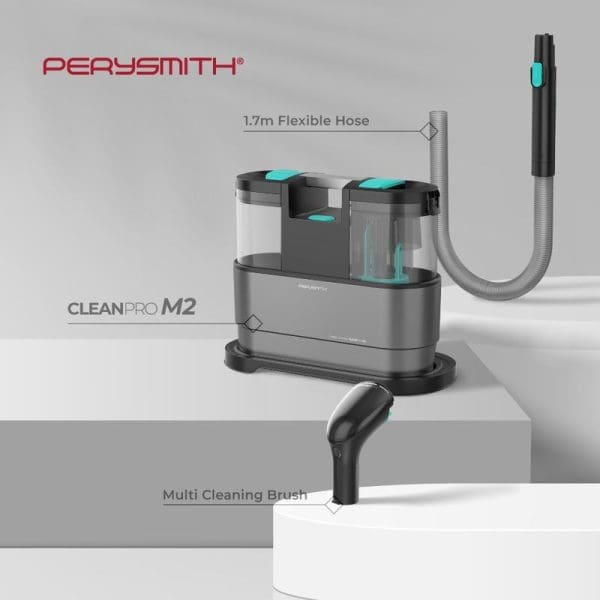 PerySmith CleanPro M2 spot cleaner vacuum with 1.7m flexible hose, multi cleaning brush, gray and teal design, professional carpet and upholstery cleaning appliance.
