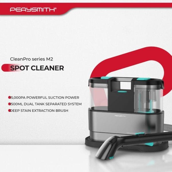 PerySmith CleanPro Series M2 Spot Cleaner with 5,000PA suction power, 500ML dual tank system, and deep stain extraction brush for carpet cleaning.