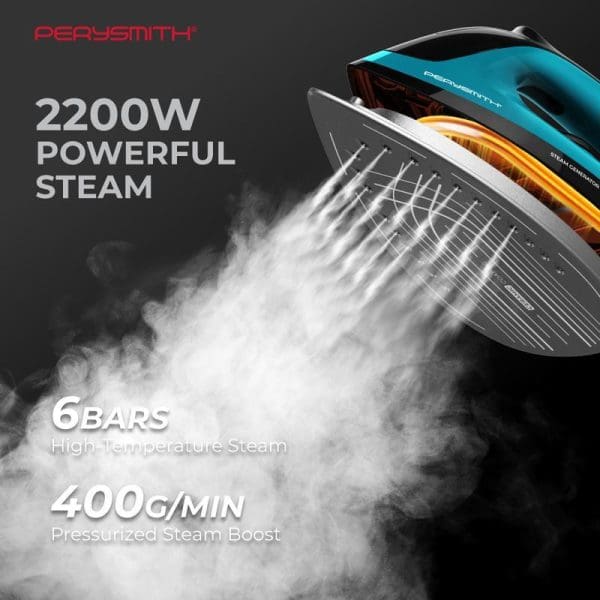 PerySmith Steam Generator Iron featuring 2200W power, 6 bars high temperature steam, and 400g/min pressurized steam boost with visible steam output.