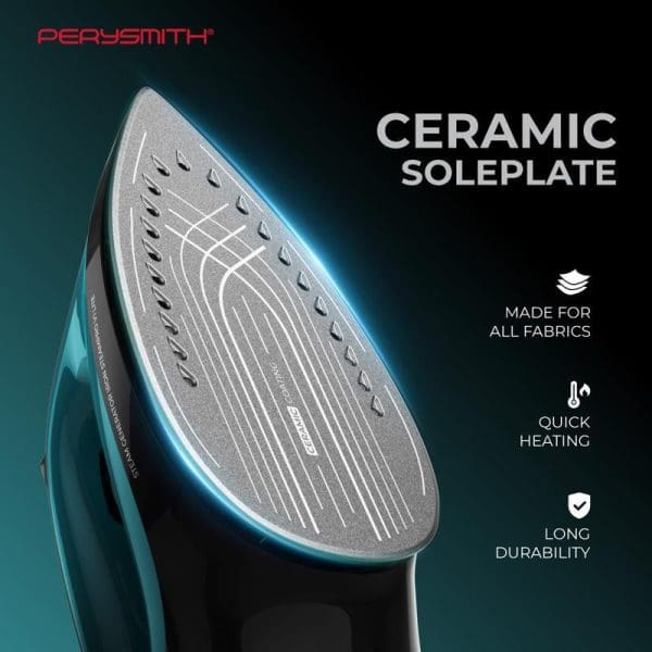 PerySmith Steam Generator Iron with ceramic soleplate featuring quick heating, long durability, and compatibility with all fabrics for efficient ironing performance.