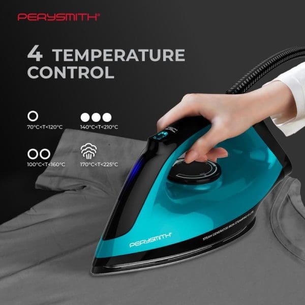 PerySmith Steam Generator Iron SteamPro Series V1 Lite with 4 temperature control settings, turquoise and black design, being held by hand on gray fabric.