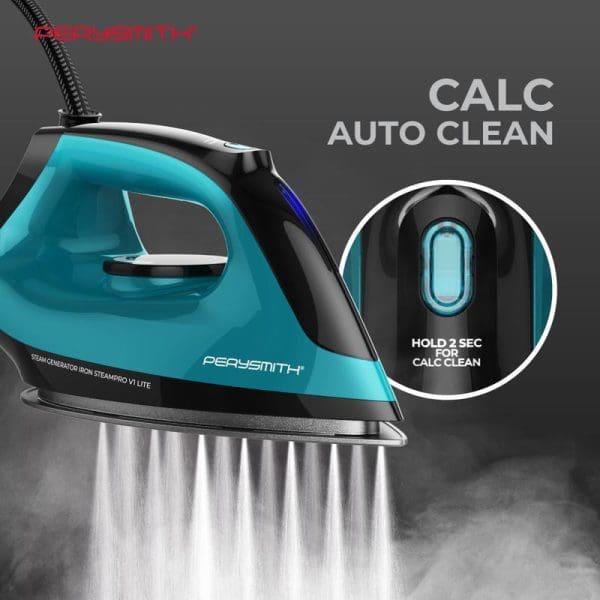PerySmith Steam Generator Iron SteamPro V1 Lite in turquoise and black with calc auto clean feature, showing steam output and hold-to-clean button detail.