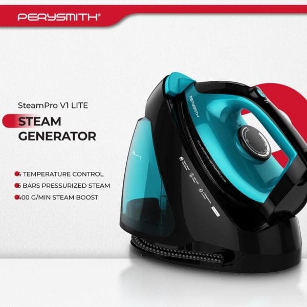 PerySmith SteamPro V1 Lite Steam Generator Iron in turquoise and black with temperature control, 6 bars pressurized steam, and 400g/min steam boost features.