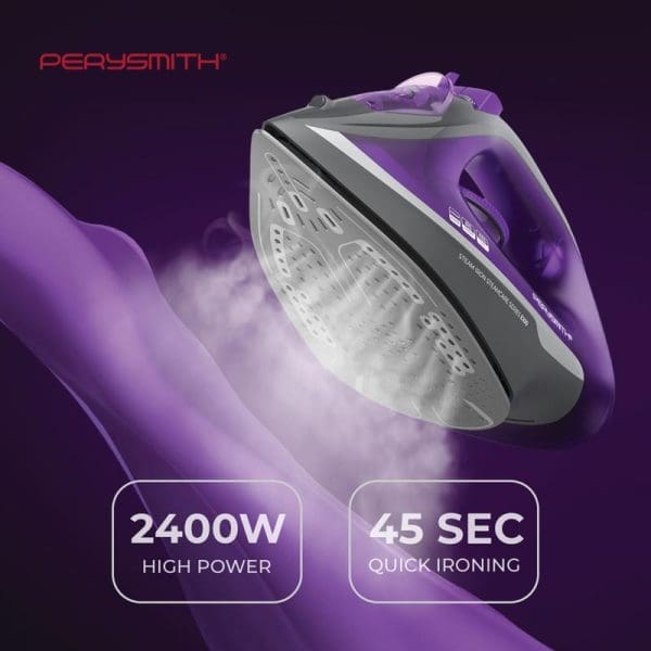 PerySmith Steam Iron Steamcare Series E100 in purple and grey with steam, featuring 2400W high power and 45 second quick ironing capabilities.