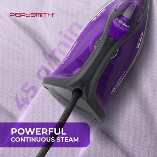 PerySmith Steamcare Series E100 purple steam iron with continuous steam feature, positioned on light fabric background, showing power cord and sleek design.