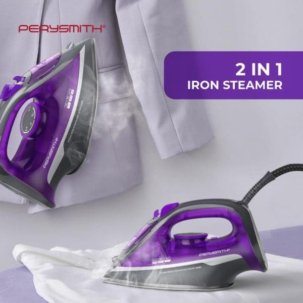 PerySmith purple and gray 2-in-1 iron steamer from Steamcare Series E100, shown with white dress shirts, available at barangelektrik.my online store.