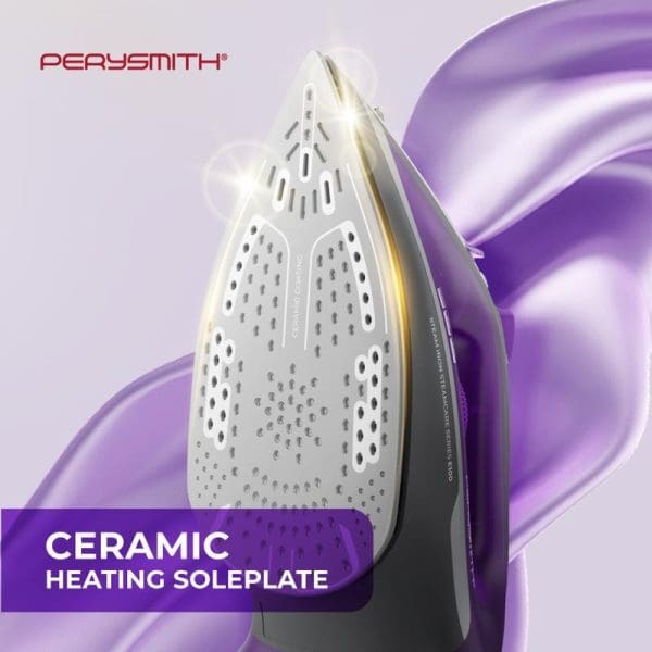 PerySmith Steam Iron Steamcare Series E100 with ceramic heating soleplate featuring steam holes on purple flowing background for barangelektrik.my product listing.
