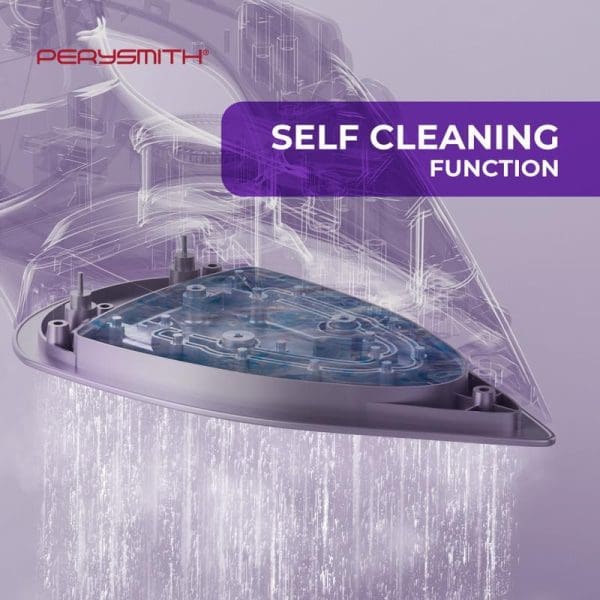 PerySmith Steam Iron with self-cleaning function feature highlighted, showing transparent soleplate with internal water channels and steam vents in purple-toned promotional image.
