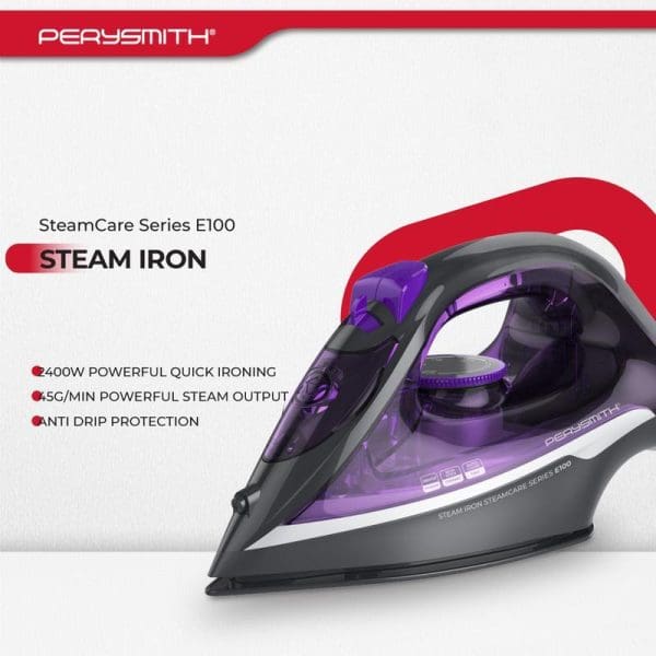 PerySmith SteamCare Series E100 steam iron in purple and black with 2400W power, 55G/min steam output, and anti-drip protection features displayed.