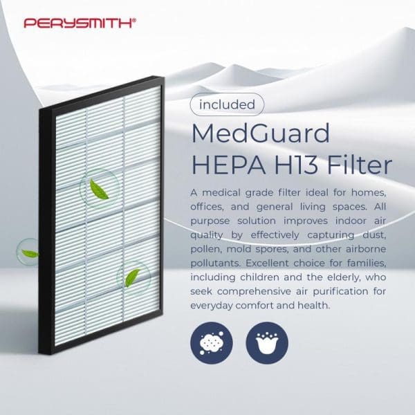 PerySmith AURORA Series H13 II WiFi Air Purifier with included MedGuard HEPA H13 filter for capturing dust, pollen, and airborne pollutants in homes and offices.