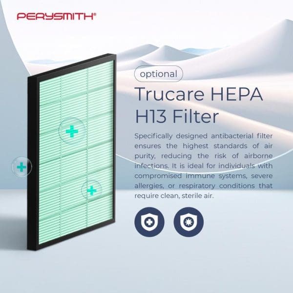 PerySmith AURORA Series WiFi Air Purifier with optional Trucare HEPA H13 filter, featuring antibacterial filtration for clean air and respiratory health protection.