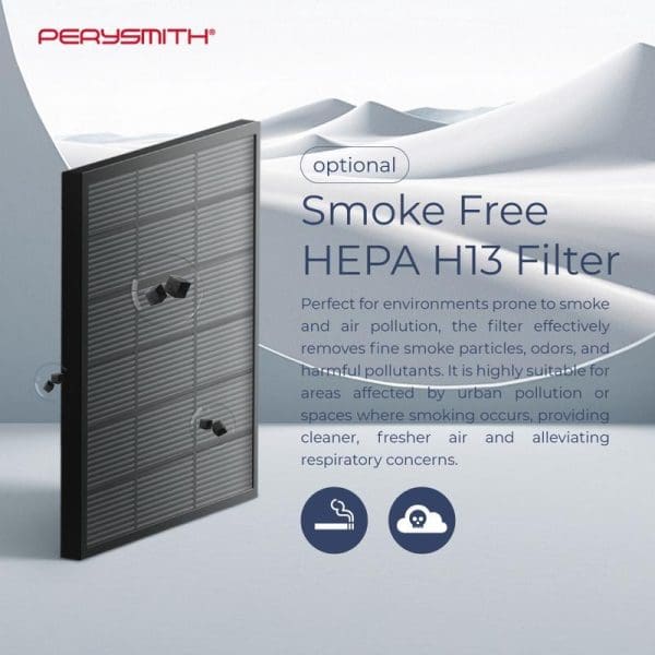 PerySmith AURORA Series WiFi Air Purifier with optional Smoke Free HEPA H13 filter, featuring clean white design against mountain backdrop.