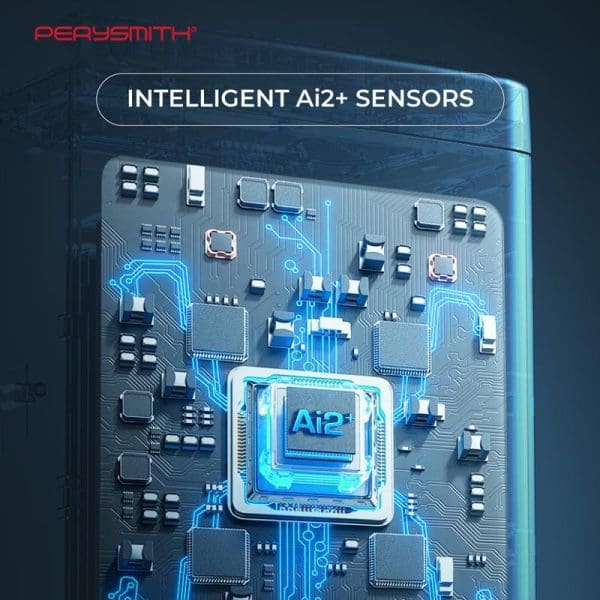 PerySmith WiFi Air Purifier AURORA Series H13 II featuring intelligent Ai2+ sensors with illuminated circuit board design showing advanced technology components.
