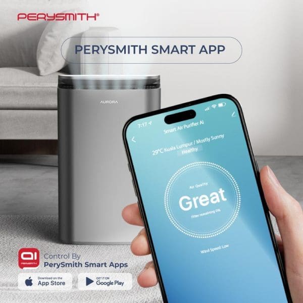 PerySmith Aurora H13 II WiFi air purifier with smartphone app control showing "Great" air quality status on mobile device screen.